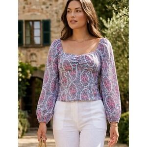 J Crew Women Paisley Glazed Sky Long Sleeve Sweetheart Top 12 Summer Cottagecore